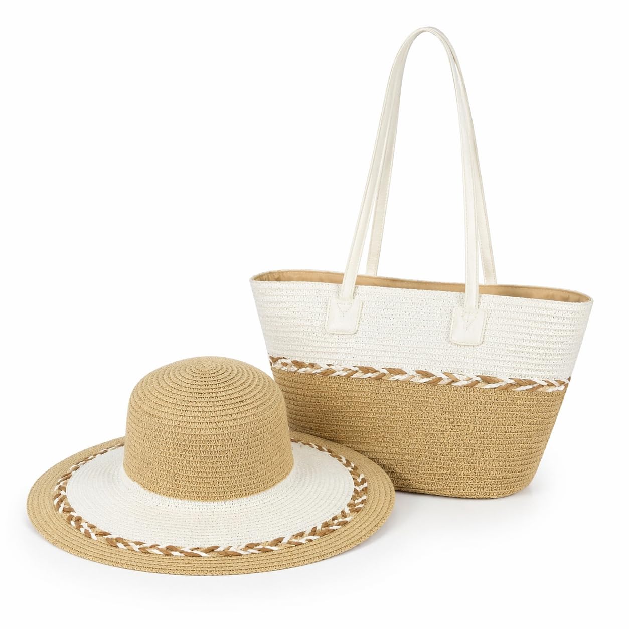 Generisch Damen Sommer Strand-Set, Strohtasche & Hut, Schwarz, Papiermaterial, Tasche 40x60 cm, Hut 41x13 cm | Strand und Urlaub