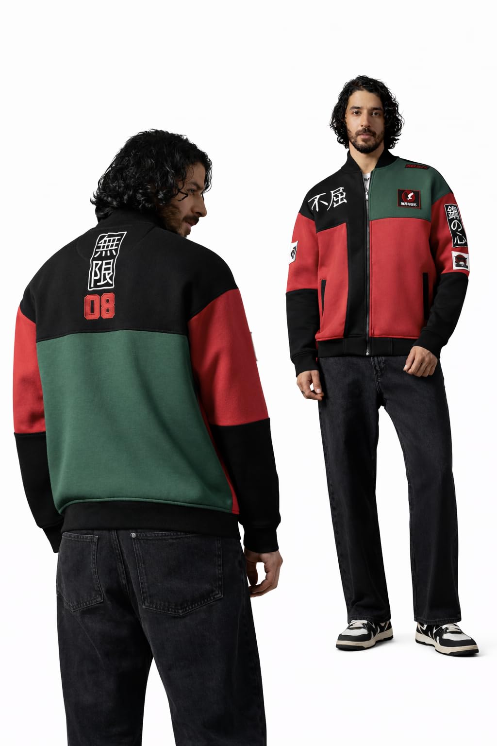 The Souled Store Unbreakable Men and Boys Full Sleeves Band Collar Black and Red Colour-Block Cotton Blend Oversized Fit Premium Heavy Fleece Winter Jacket in black