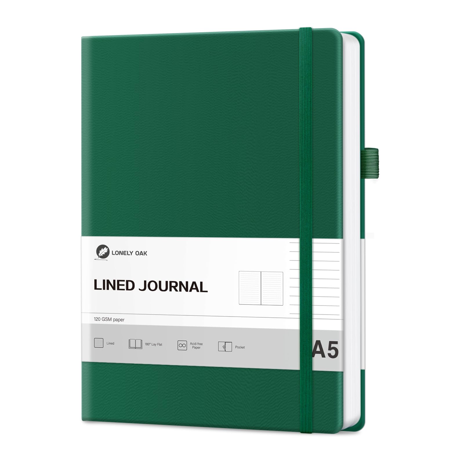 Lonely Oak Lined Journal Notebook, A5 Hardcover Lined Notebook for Women & Men, 120GSM Acid-Free Paper with Leather Hardcover and Inner Pocket, Daily Diary Journal for Work(Green) — image 1