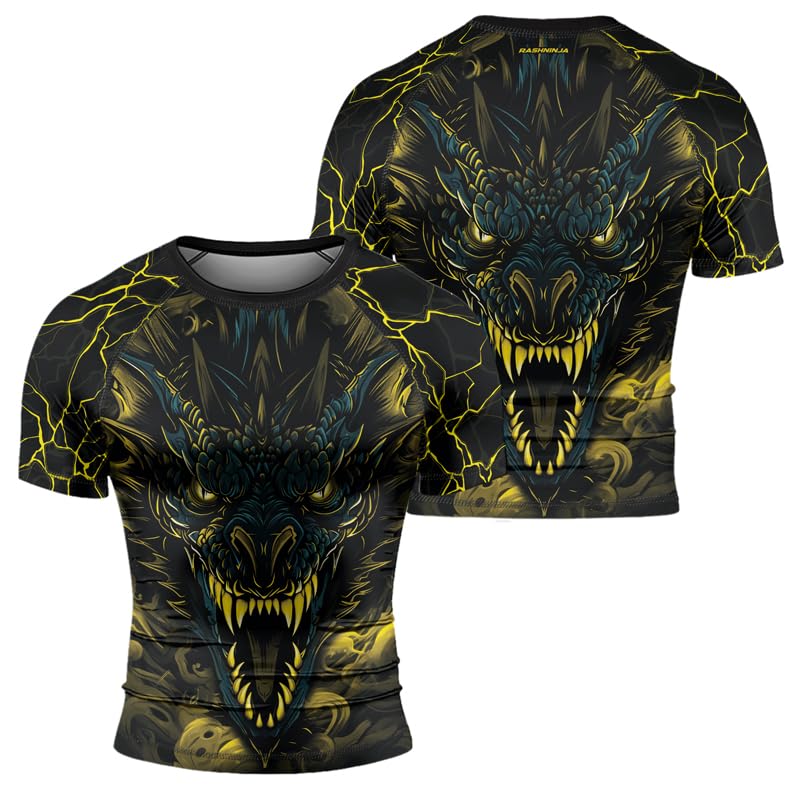 Dragon Men's Short Sleeve Rash Guard Shirt Base Layers Compression Fit Skin Tops for MMA BJJ Jiu Jitsu Training