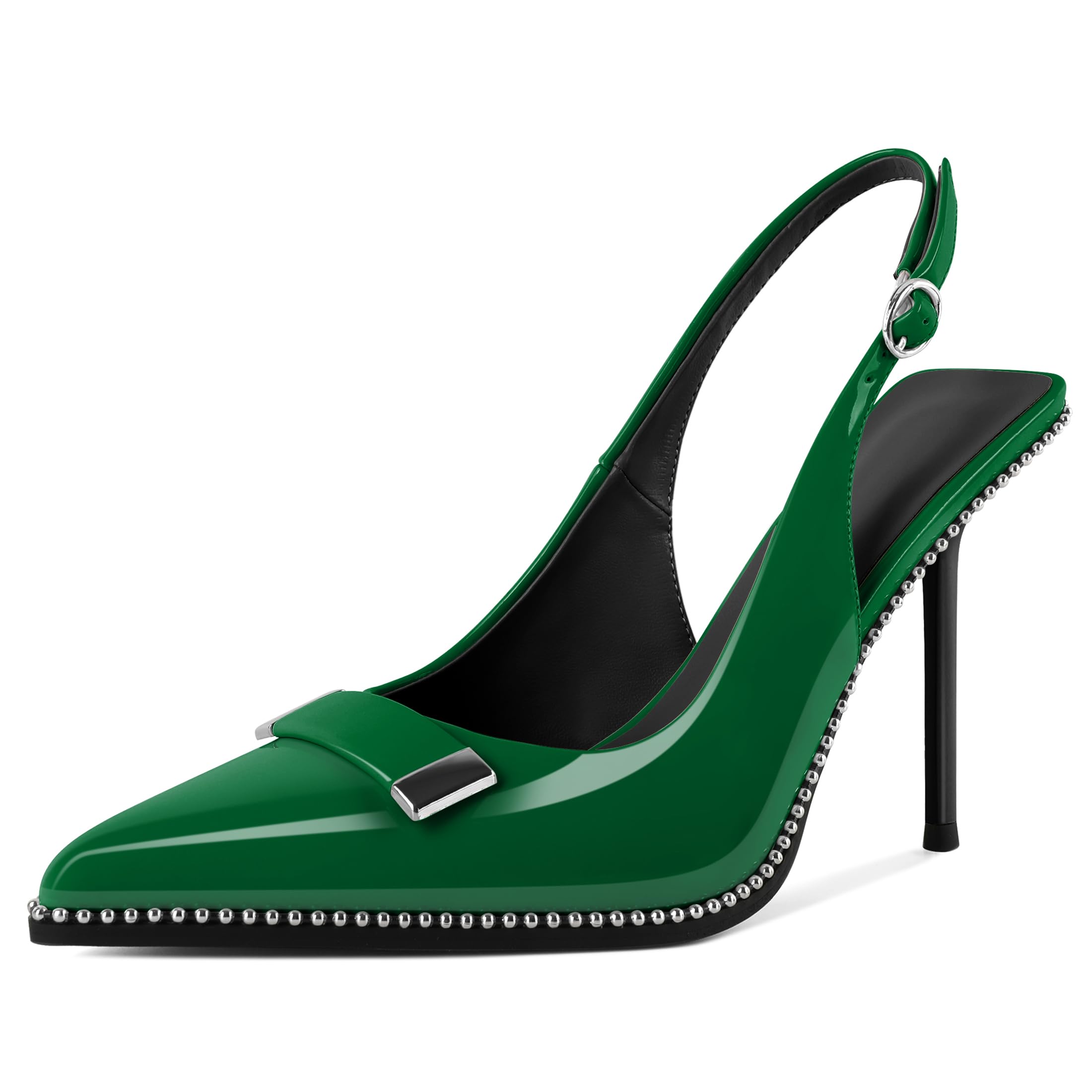 Soireelady Womens Slingback Heels Pointed Toe Stiletto High Heels Beaded Pumps Backless Stretch Metal Buckle 4 Inch Dress Shoes