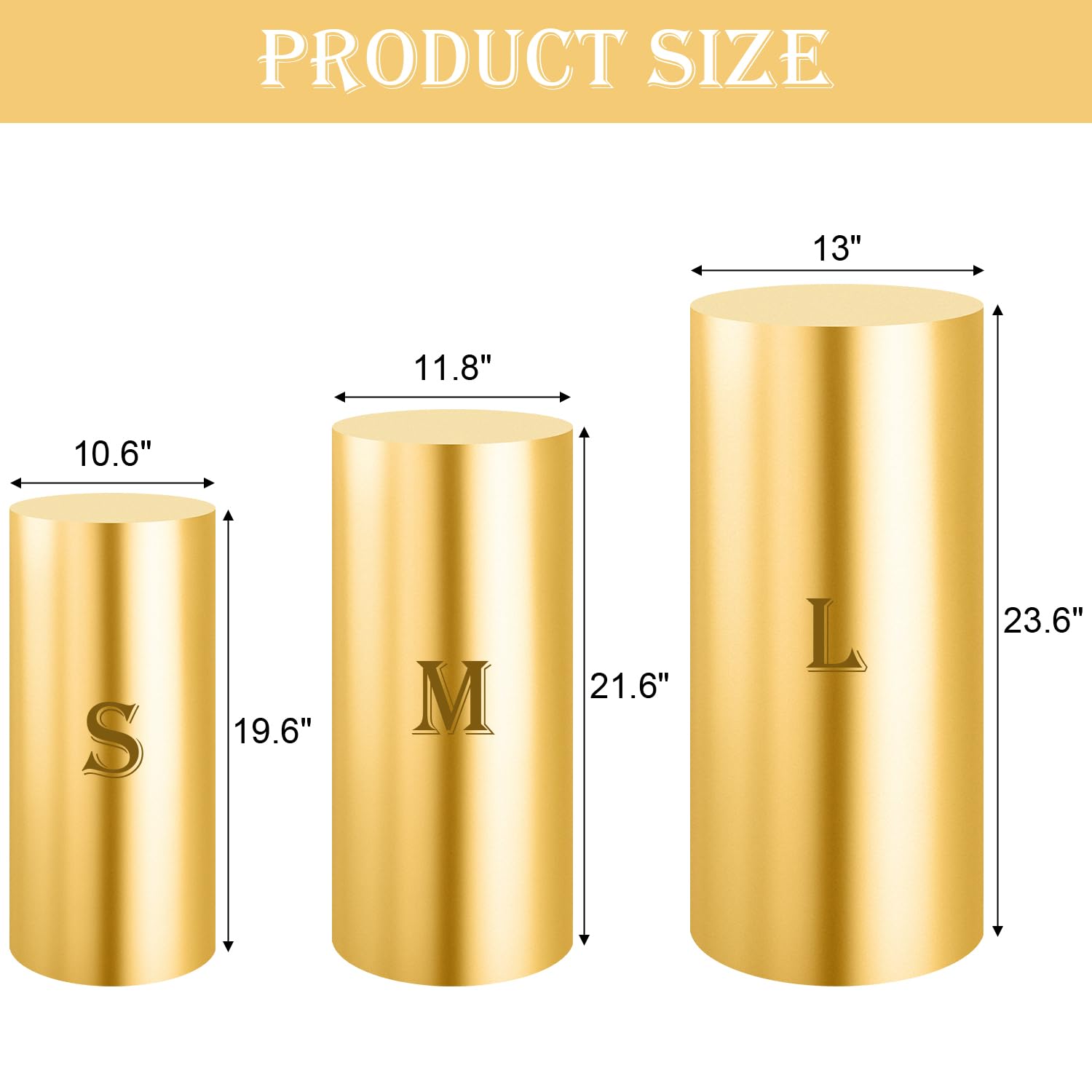SaitiMade Set of 3 - Gold Cylinder Pedestal Stand Covers, Flexible Cylinder Stand Covers for Party, Wedding or Birthday Event Decor - Only Contains Cylinder Covers