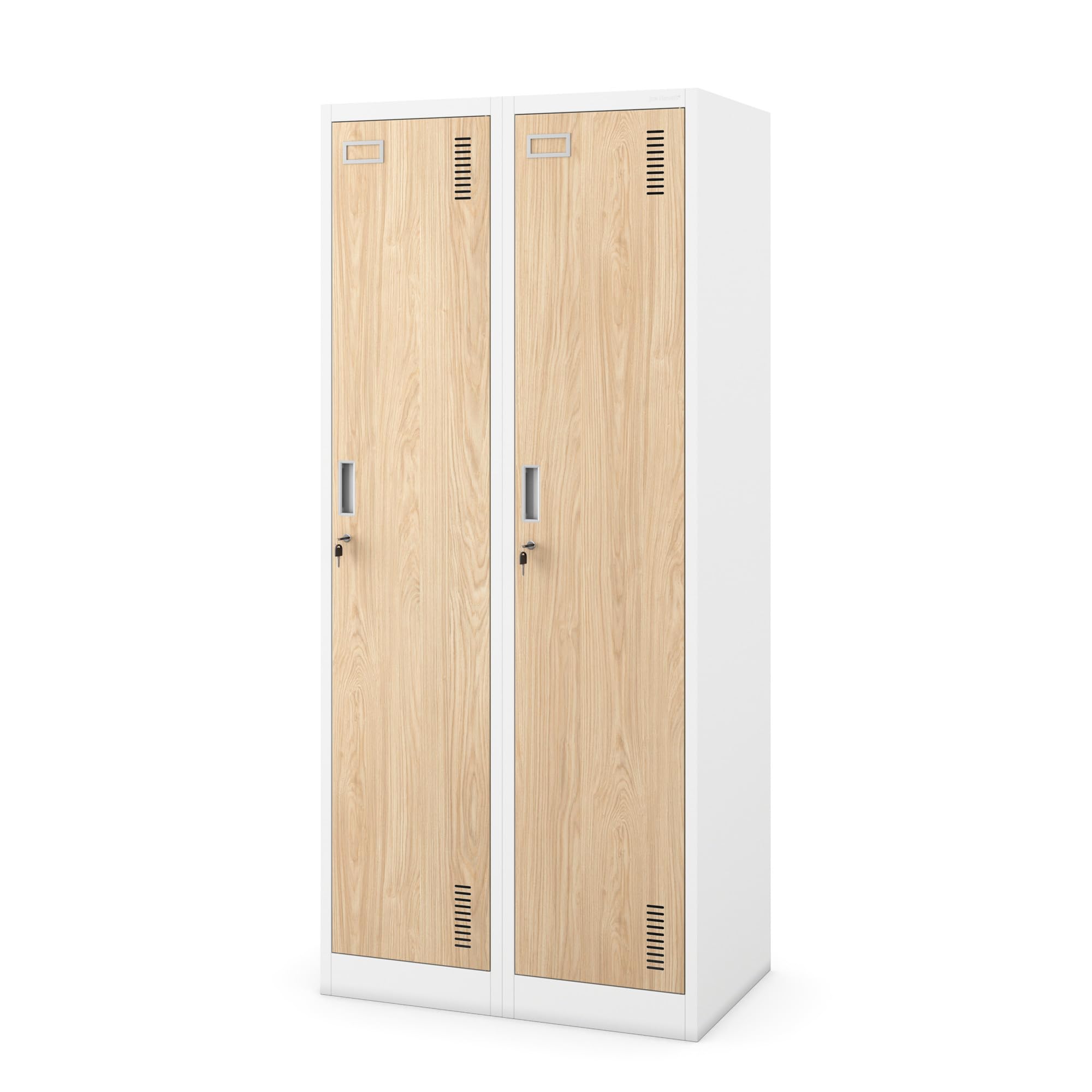 Taquilla Doble Armario Vestuario 2B1A Metalico Puertas con bisagras Ranuras de ventilación Pintura en Polvo Pared divisoria 180 cm x 80 cm x 50 cm (Aspecto de madera blanca)