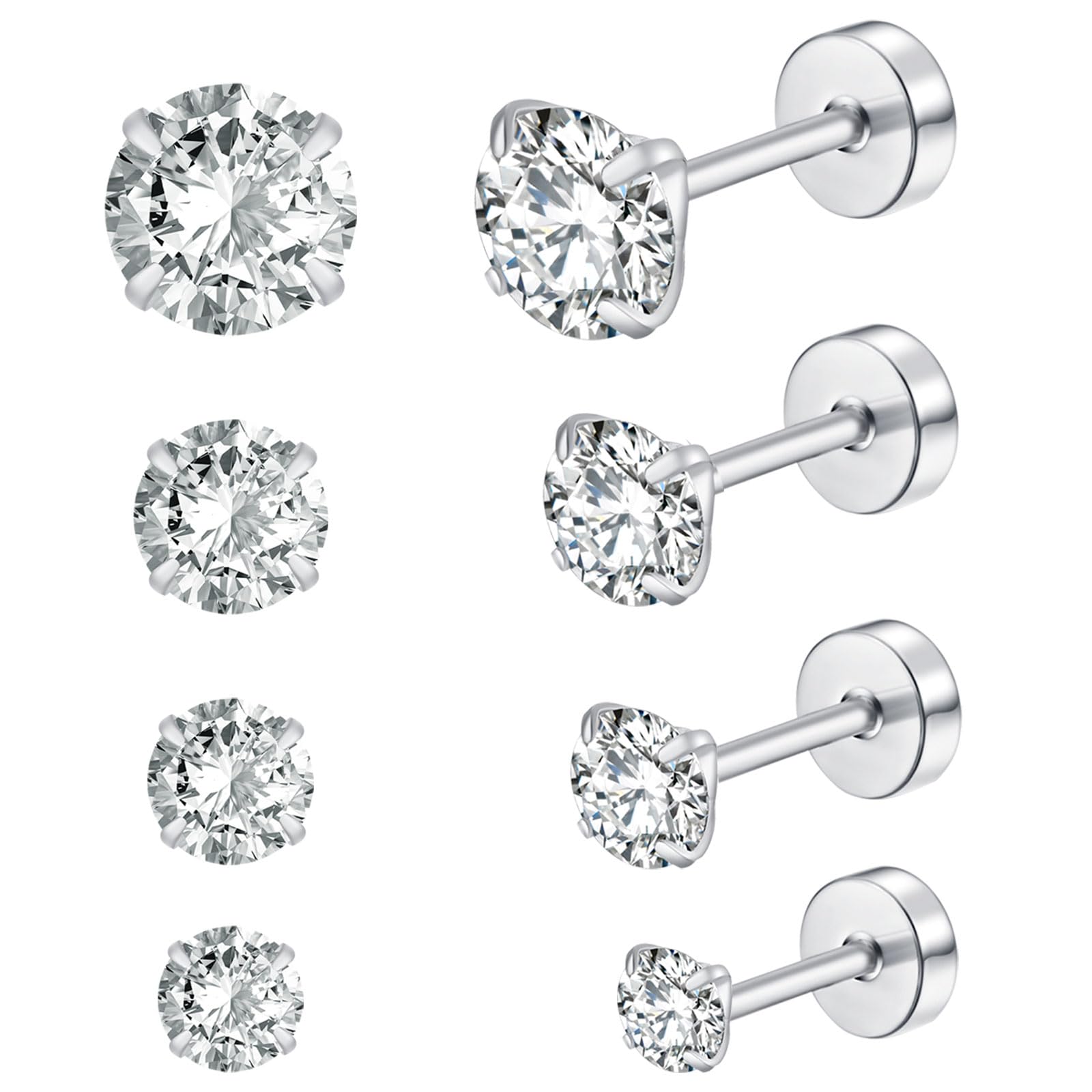 4 Paar Ohrstecker Damen Set,Ohrstecker aus Edelstahl mit kubischem Zirkonia für Damen, Männer Knorpel Tragus Daith Helix Hypoallergen Ohrpiercing Bequeme Schraube Flache Rückseite Ohrringe