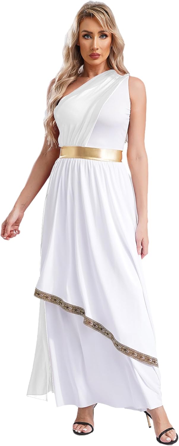 Vxuxlje Women's Ancient Greek Costume One Shoulder Chiffon Overlay Toga Dress Praise Dance Dress