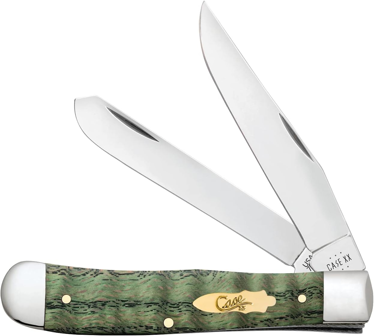 Case xx Knives Trapper 64070 Kelly Green Curly Oak Brass Stainless Pocket Knife
