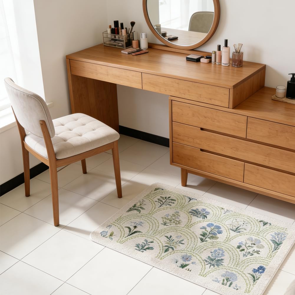 Spring Floral Bathroom Rug 32" x 20" Wild Flowers Bathroom Mat Boho Floral Bath Rug (Rectangular, Green)