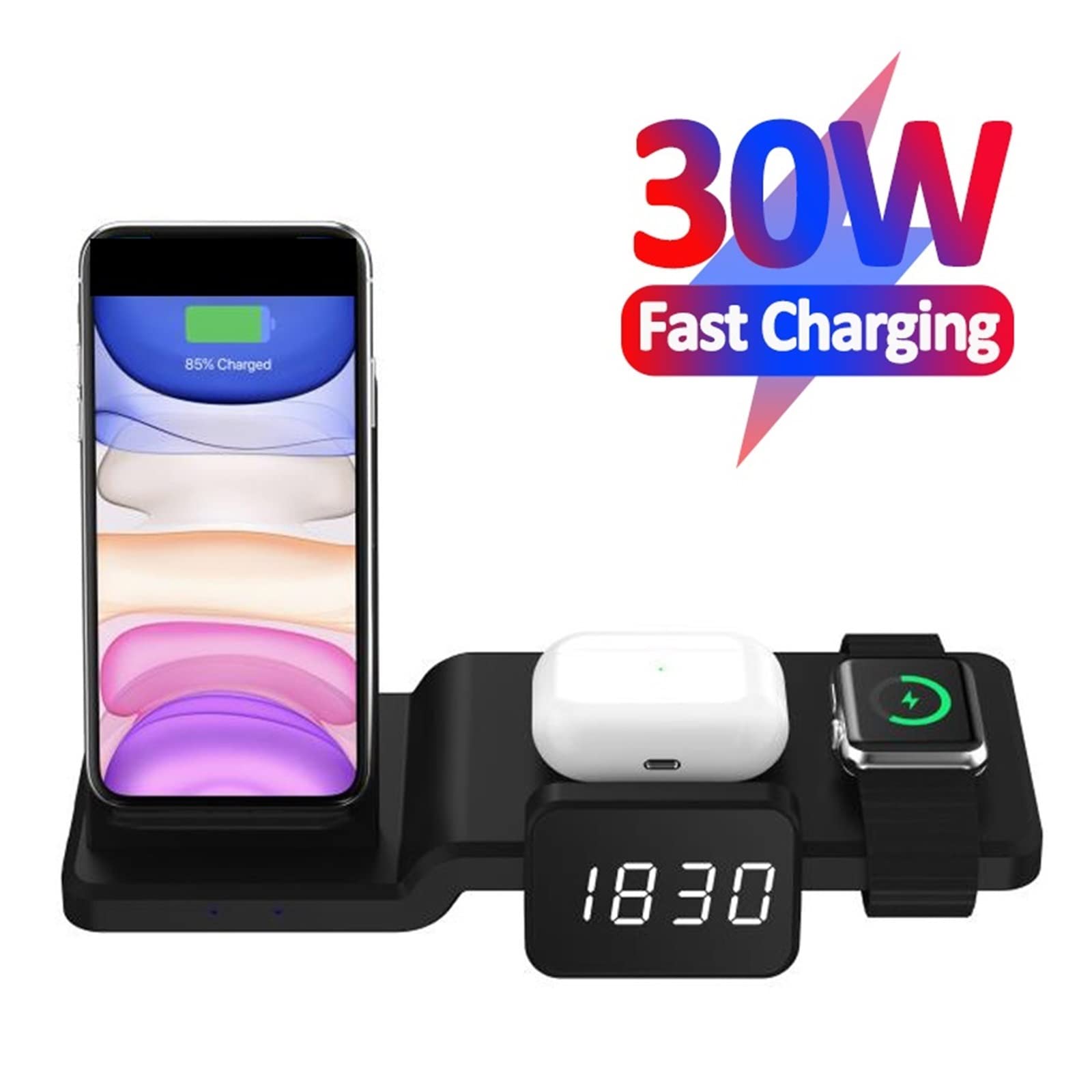 Support de Chargeur sans Fil 30W for téléphone Montre écouteur Horloge 4 en 1 Station de Chargement Rapide(A)