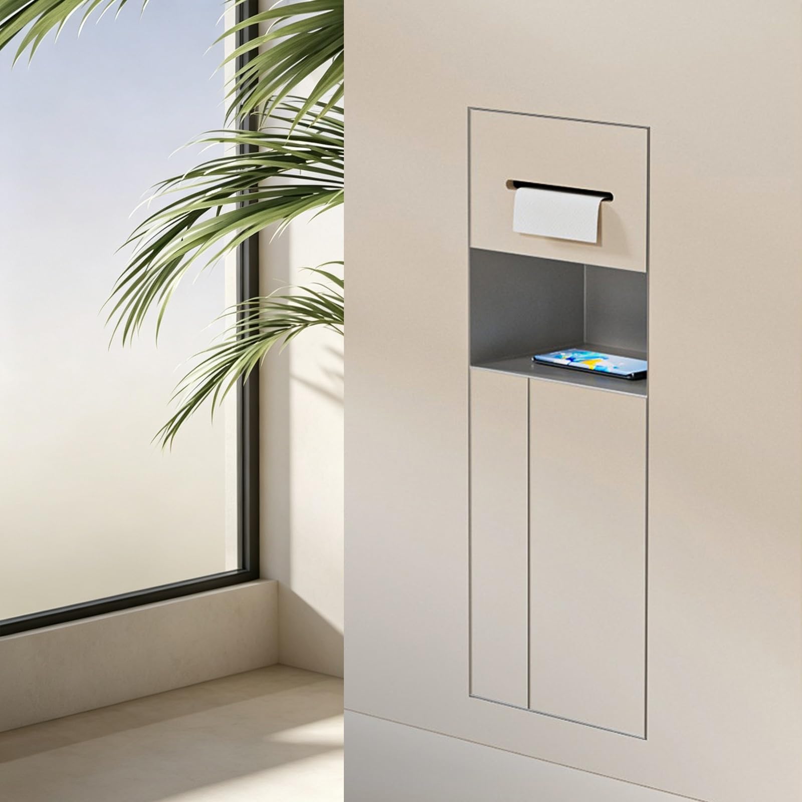MESCXTY Recessed Wall Niche, 304 SS Toilet Paper Holder with Hidden Trash & Phone Shelf