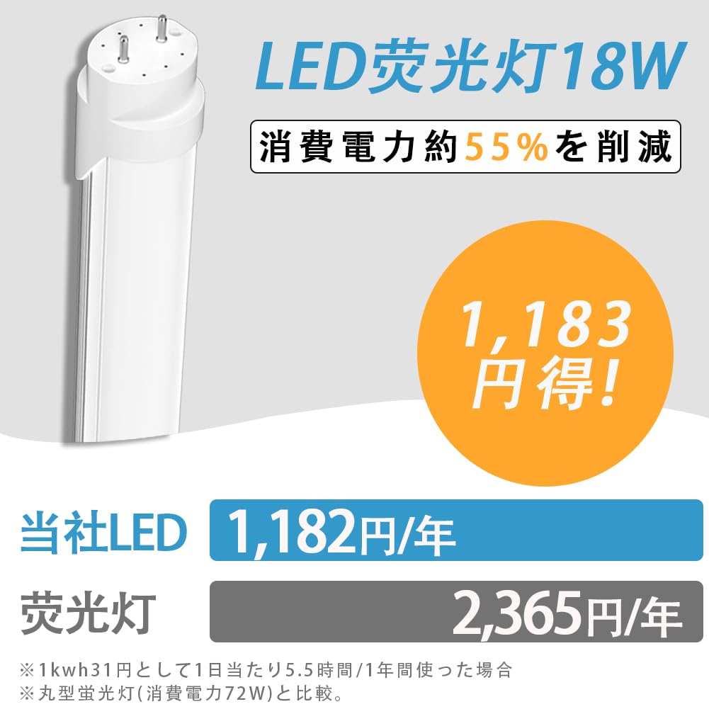 Amazon | LED蛍光灯 40W形 T8直管 120cm 両側給電 昼光色 6500K 消費
