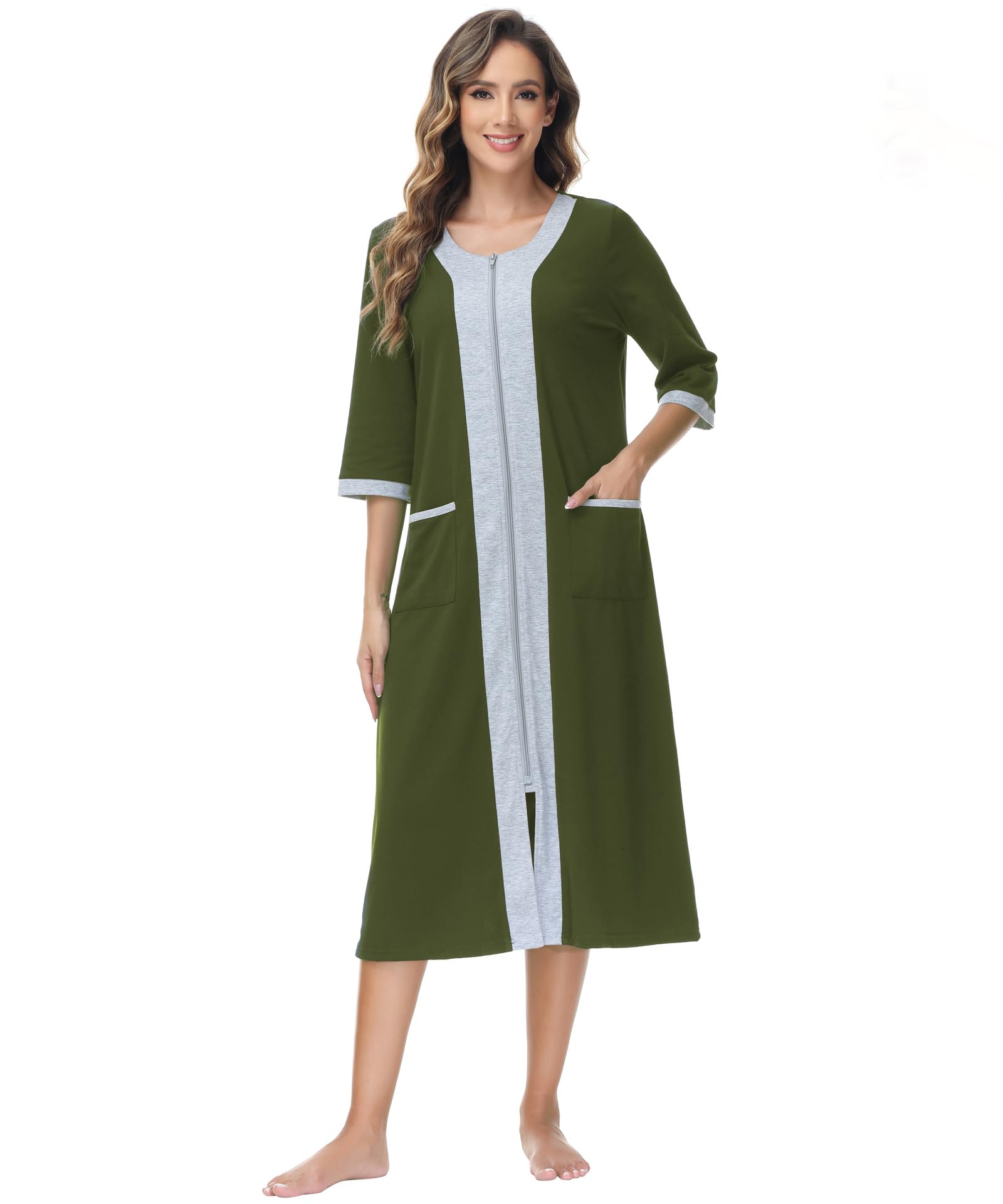 Citridarll Women Zipper Robe Long Housecoat Zip Up Bathrobes Full Length Nightgown Loungewear with Pockets, Army Green, XX-Large