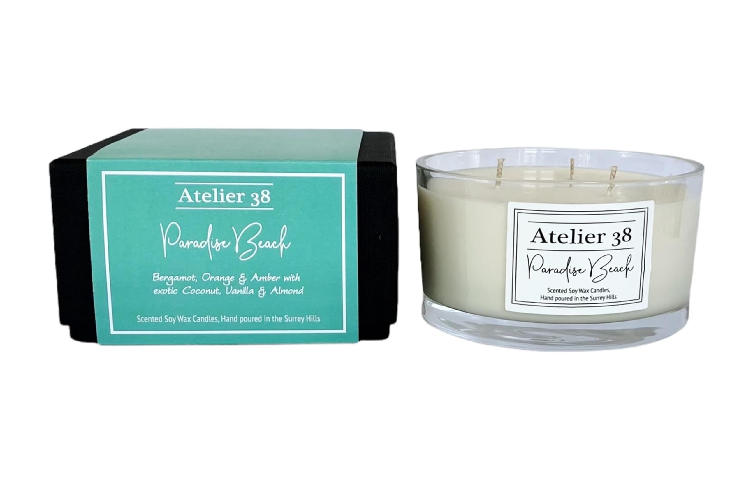 Atelier 38 Paradise Beach 3 Wick Scented Candle 400g - Luxury Soy Candle, Up to 40 Hour Burn Time, Large Candle Home Fragrance, Long Burning Candle, Housewarming Gift, Made in Surrey Hills