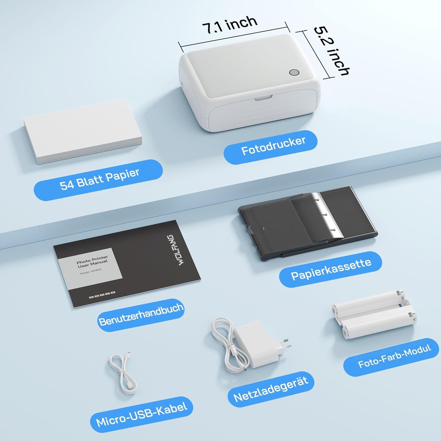 WOLFANG Fotodrucker, Sofortbilddrucker mit 54 Blatt (4 x 6 Zoll), unterstützt WLAN-Verbindung, kreative Fotobearbeitungs-Apps, für iOS/Android-Smartphone