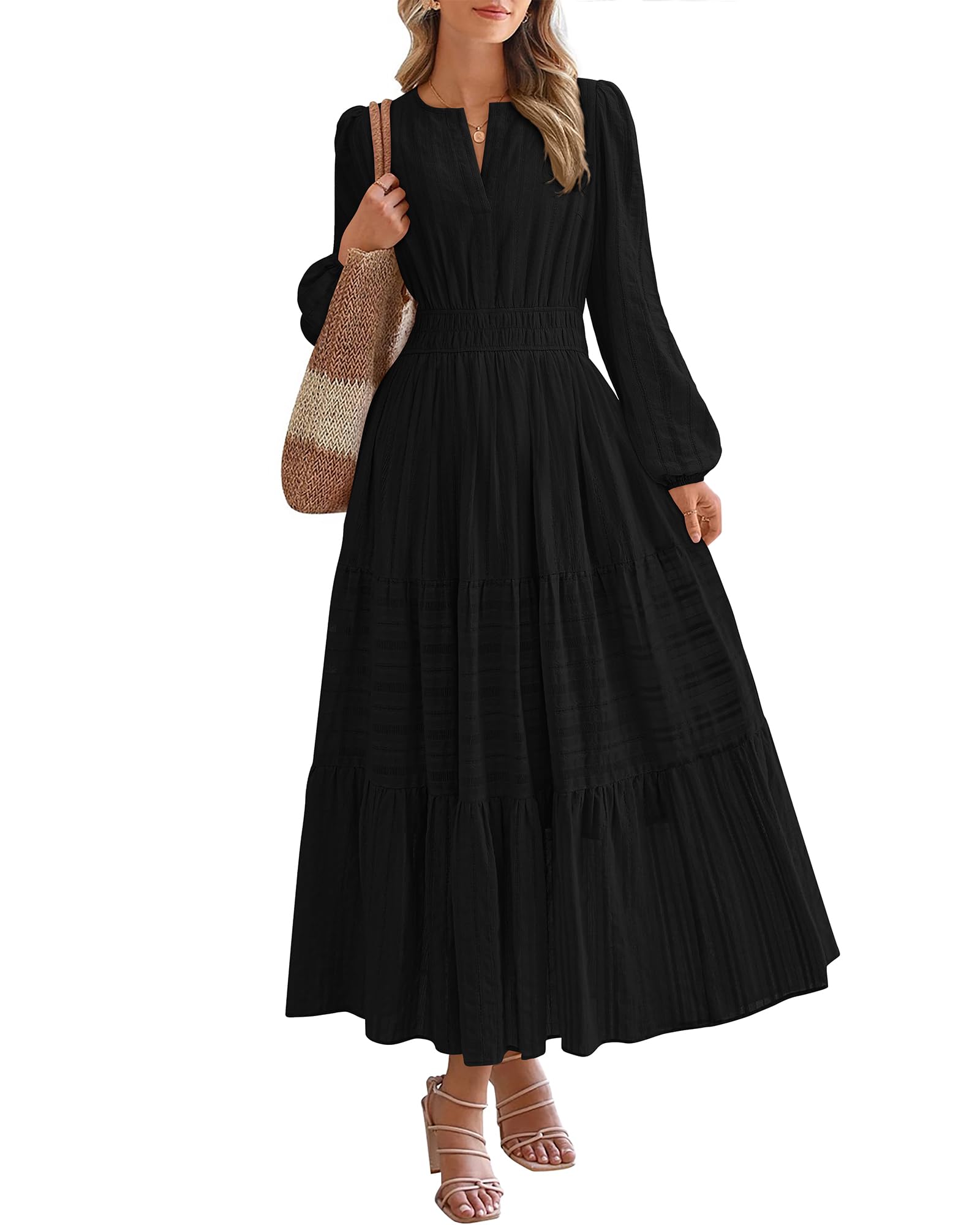 BTFBM Fall Dresses for Women 2025 Casual Long Sleeve V Neck Elastic Waist Lightweight Maxi Wedding Guest Dress