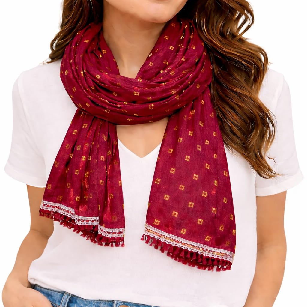 Premium Cotton Printed Women's Stole with Hand Block Print, Red with Golden Diamond Pattern, Beaded Tassels-image-28