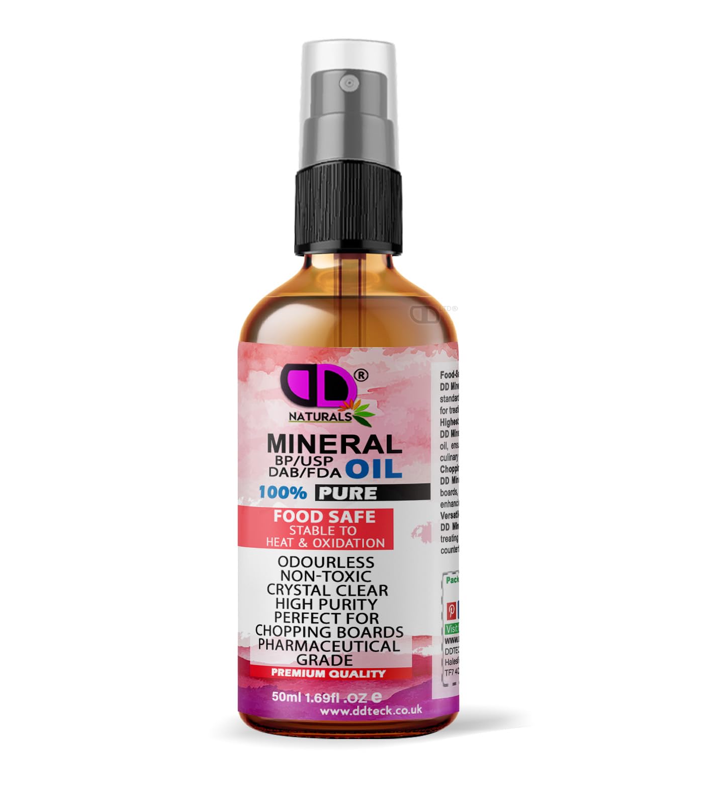DD Teck Pure Mineral Oil Premium Food Safe, Chopping Board Oil, Cutting Board, Worktop, Butcher Blocks, Countertops Wood, Slate, Stone- Tasteless, odourless & Clear (50ml Glass Bottle Spray)