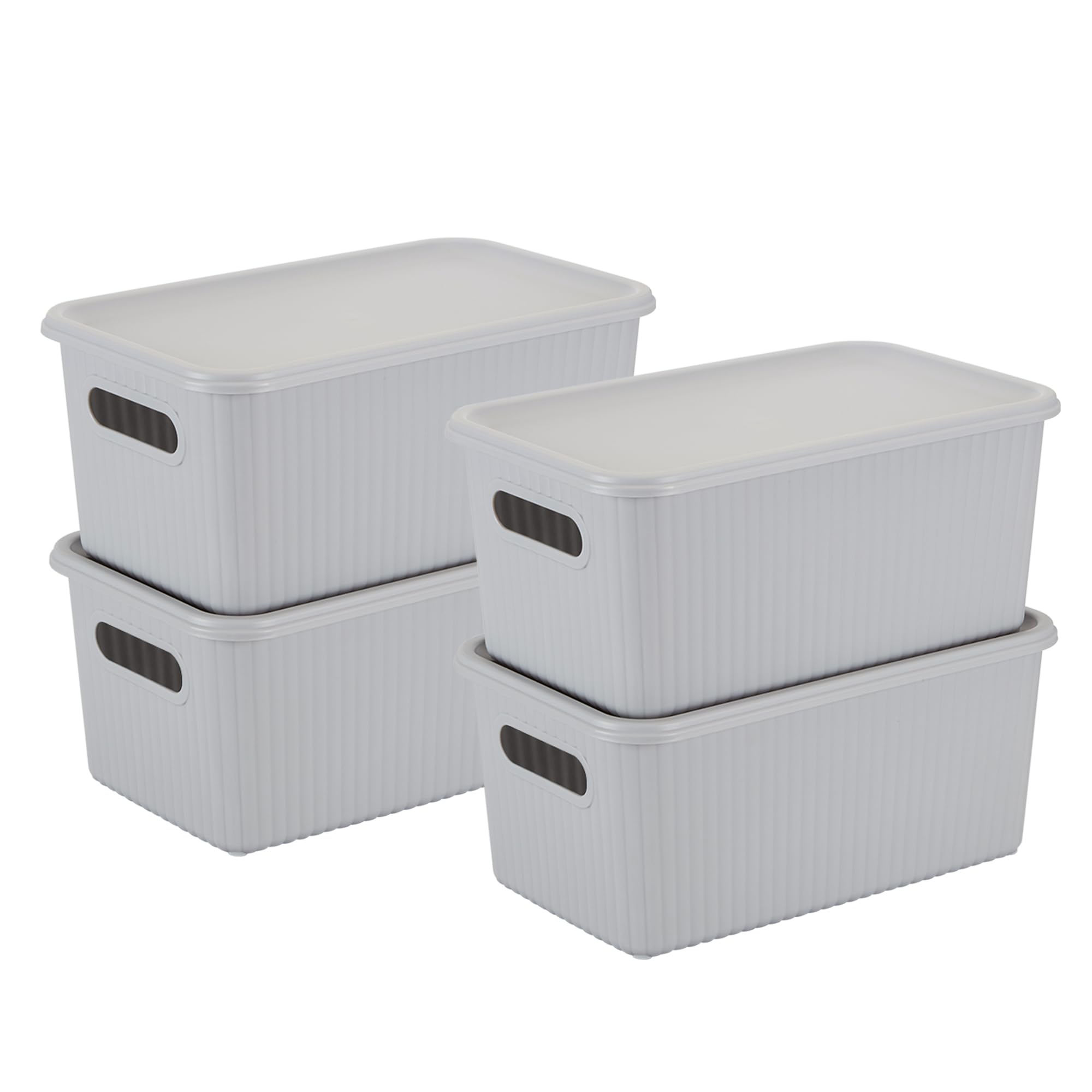 Kolorr Ribbed Baskets Small Pack of 4 With 4 Standard Lid (Non-Airtight Loose-Fit Cover) Multipurpose Plastic Storage Baskets For Cloths Toys Wardrobe Home Kitchen Livingroom I Daiso Grey-image-25