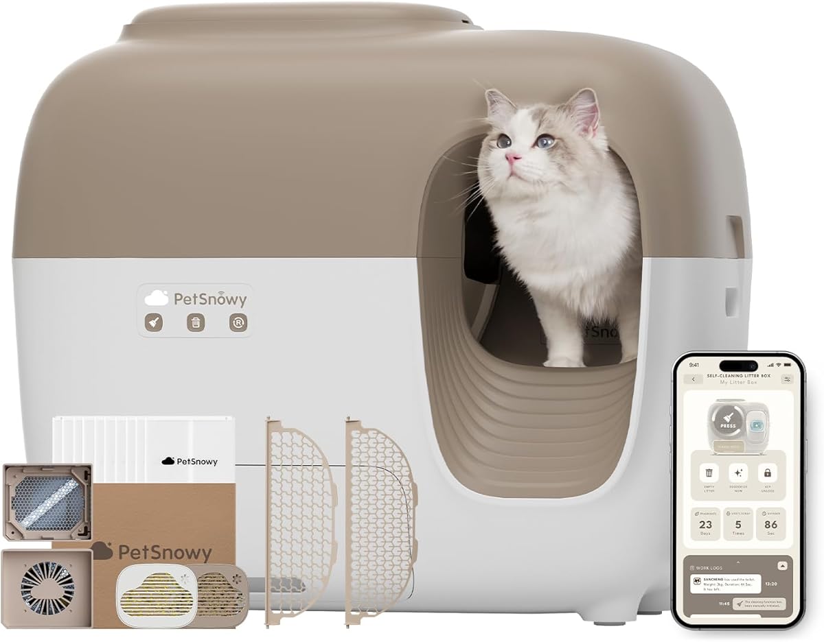 PetSnowy Self-Cleaning Automatic Cat Litter Box with Odor Control TiO2 System, Robot Litter Box with Auto-Packing, App Control, Large Cats & Multiple Cats (2026 Premium Version)