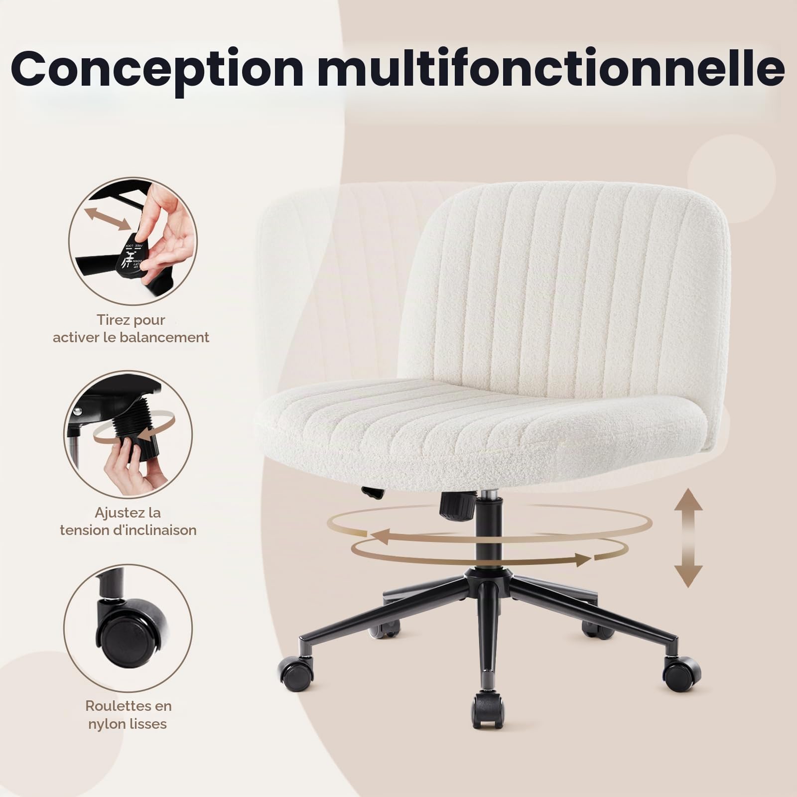 IWMH Chaise de Bureau sans Accoudoirs,Chaise de Coiffeuse Pivotante avec roulettes,Chaise d’Ordinateur à Hauteur Réglable avec Coussin en Tissu,Chaise pour s'asseoir avec Jambes croisées,pour Chambre