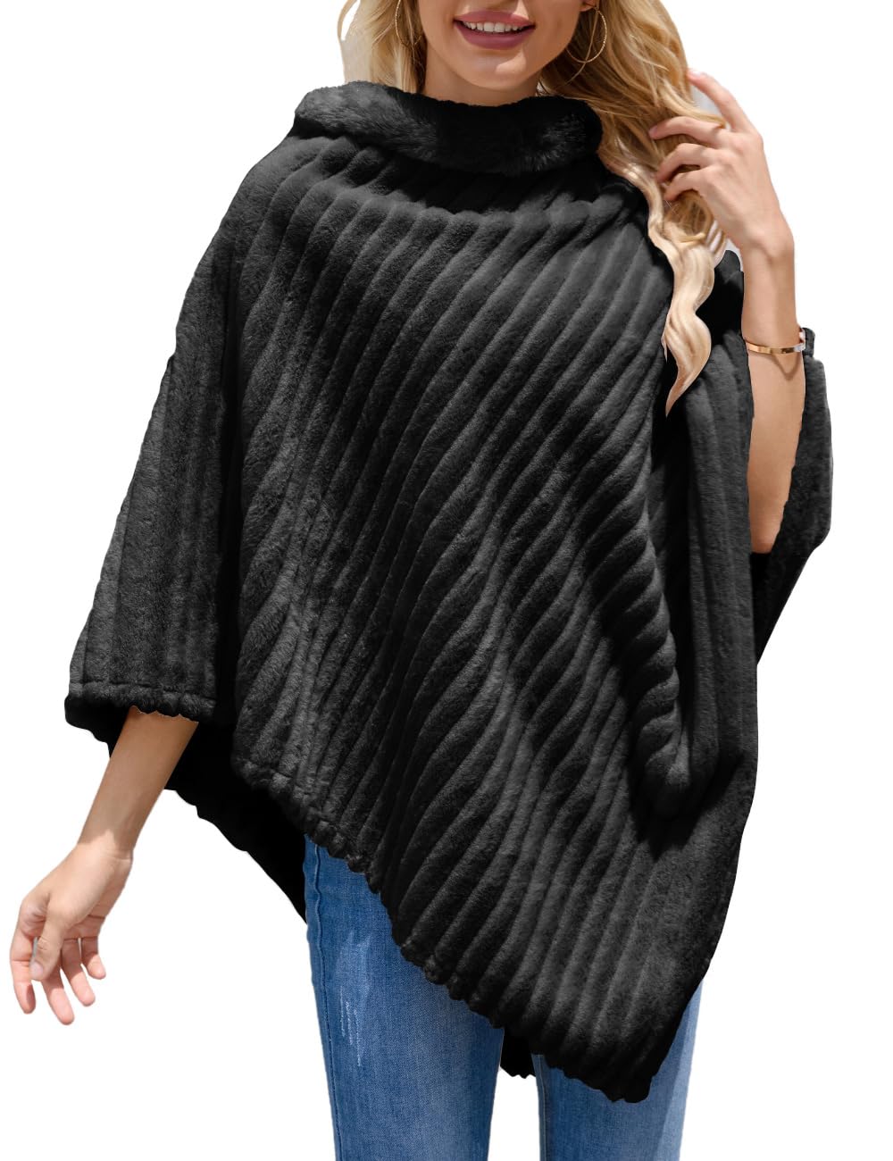 Ferand Poncho da donna accogliente a righe in pelliccia sintetica, morbida sciarpa morbida per l'inverno