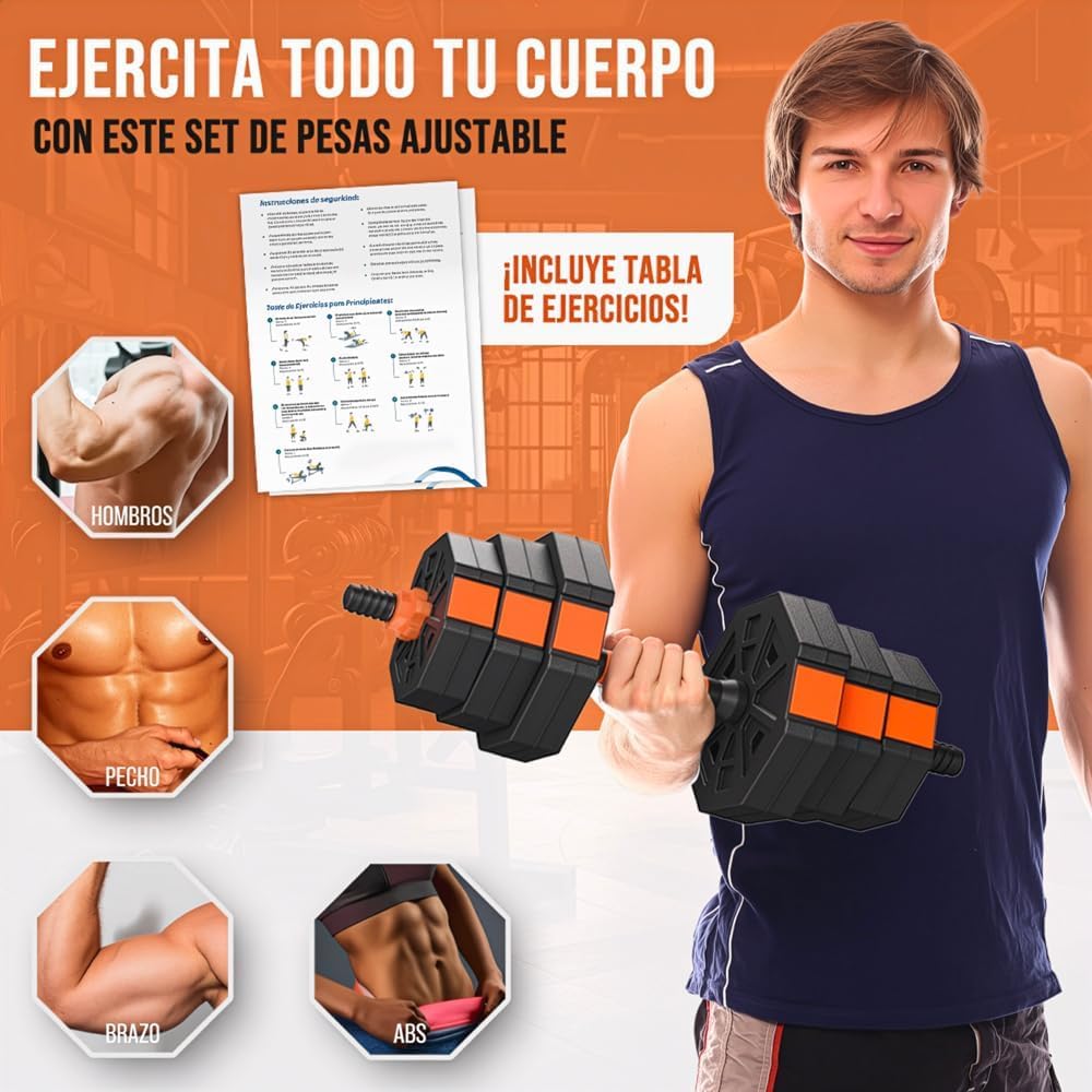 ManiBoom Pesas y Mancuernas Ajustables - Kit de Pesas Ajustables con Barra y Cierre de Seguridad - Equipo de Entrenamiento Progresivo para Toda la Familia