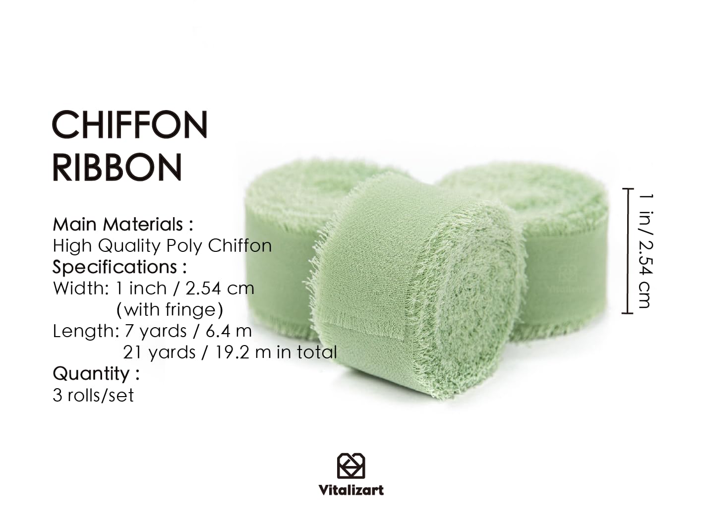 Vitalizart Sage Green Chiffon Silk Ribbon 1" x 21 Yd Fringe Fabric Package (3 Rolls * 7 Yd) for Wedding Invitations Bridal Bouquets Decorations Gifts Wrapping & Bow Making - Image 2