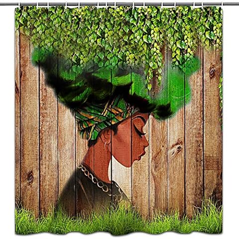 African Woman Shower Curtain Afro Black Art Green Leaves Women Watercolor Design Bathroom Accessories Waterproof Cover