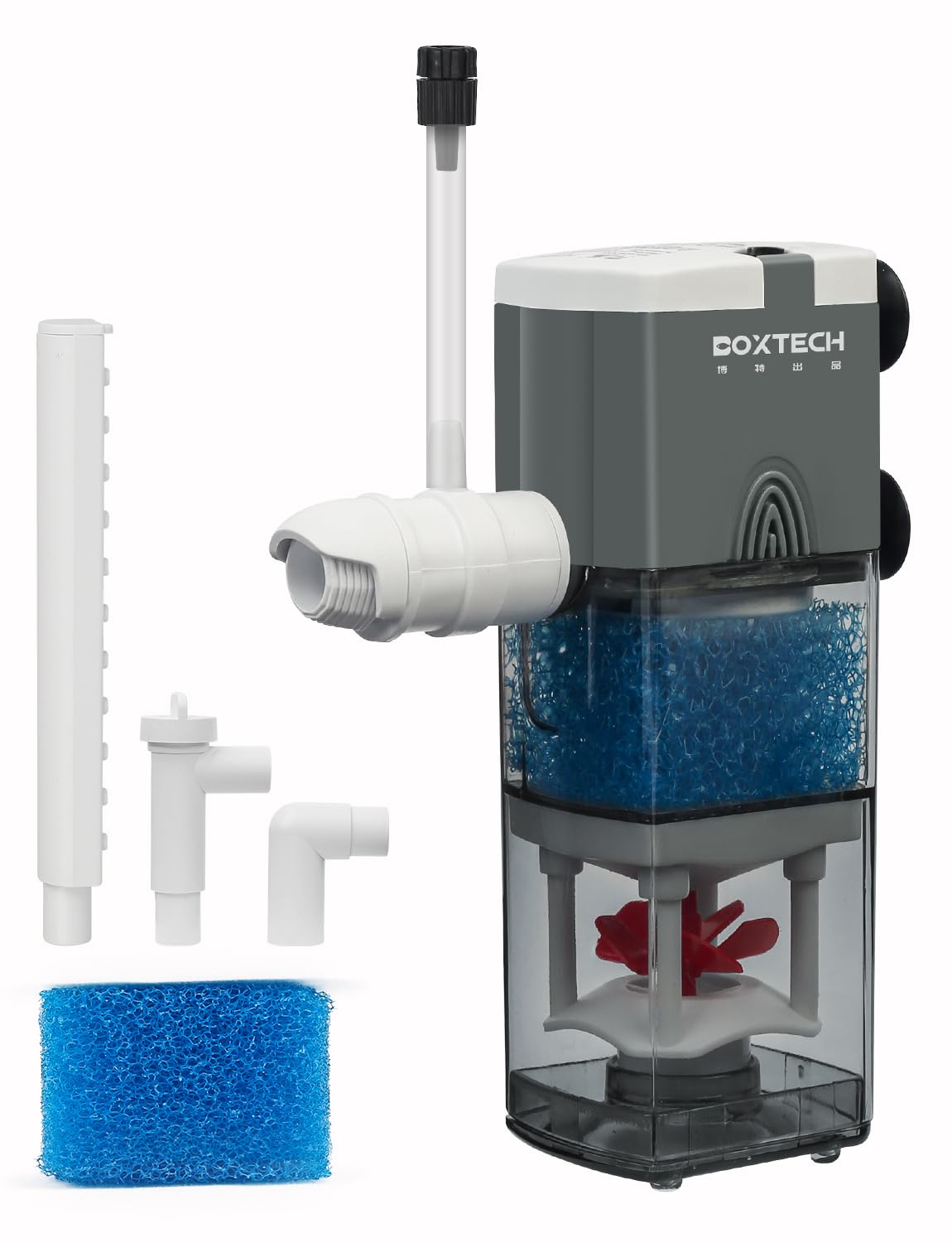 boxtech Filtro Interno per Acquario, 3 W, 4 in 1, Pompa di Potenza, Filtro in Spugna Regolabile Ultra Silenzioso, Portata 220 l/h, Adatto per 5 – 65 Litri