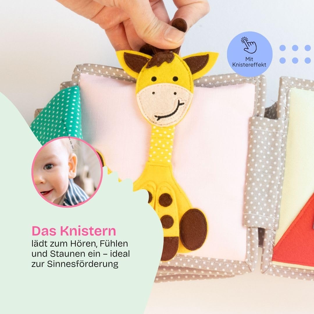 Jolly Designs Mini Quiet Book Schillernder Papagei – Montessori Spielzeug ab 6 Monaten – Fühlbuch & Busy Book ohne lose Teile – Stoffbuch & Motorikspielzeug aus Filz – Lernspielzeug für Babys