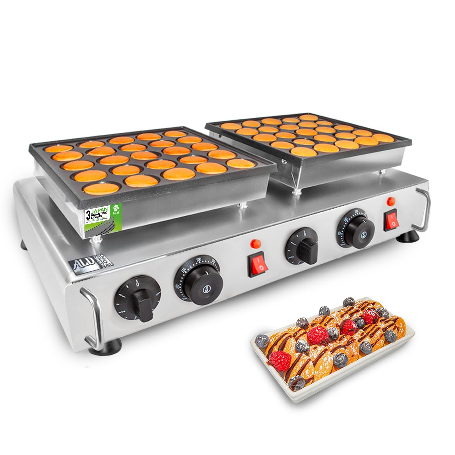 ALDKitchen Mini Dutch Pancake Maker | Electric Poffertjes Machine | 50 Pcs | High Capacity | Stainless Steel | 110V (25+25 Pcs)