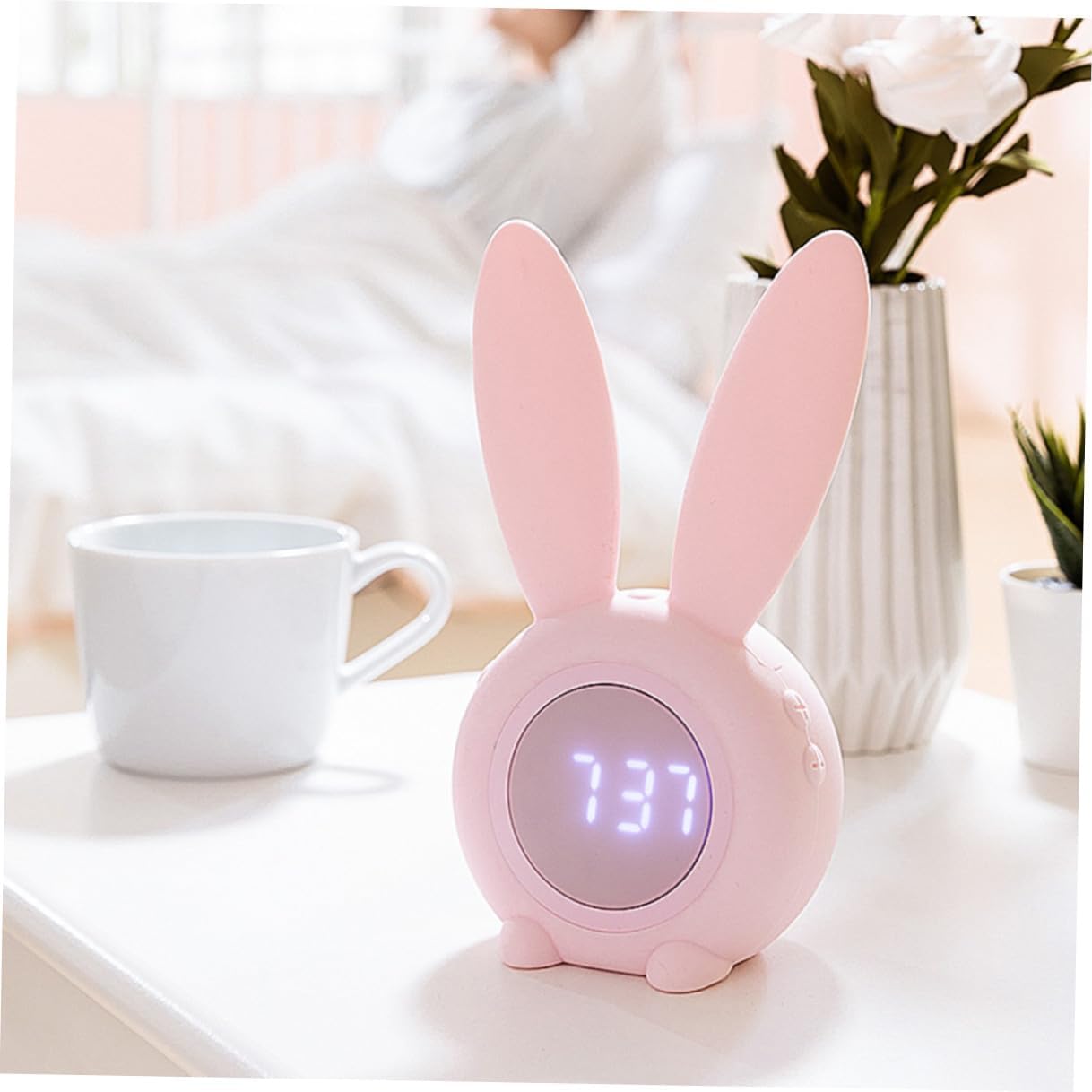 USB Rechargeable Bunny Ear Alarm Clock with LED Night Light Voice Control Countdown Timer Shaking Snooze Small Pink Desktop Rabbit for Bedroom Decor and Home Use