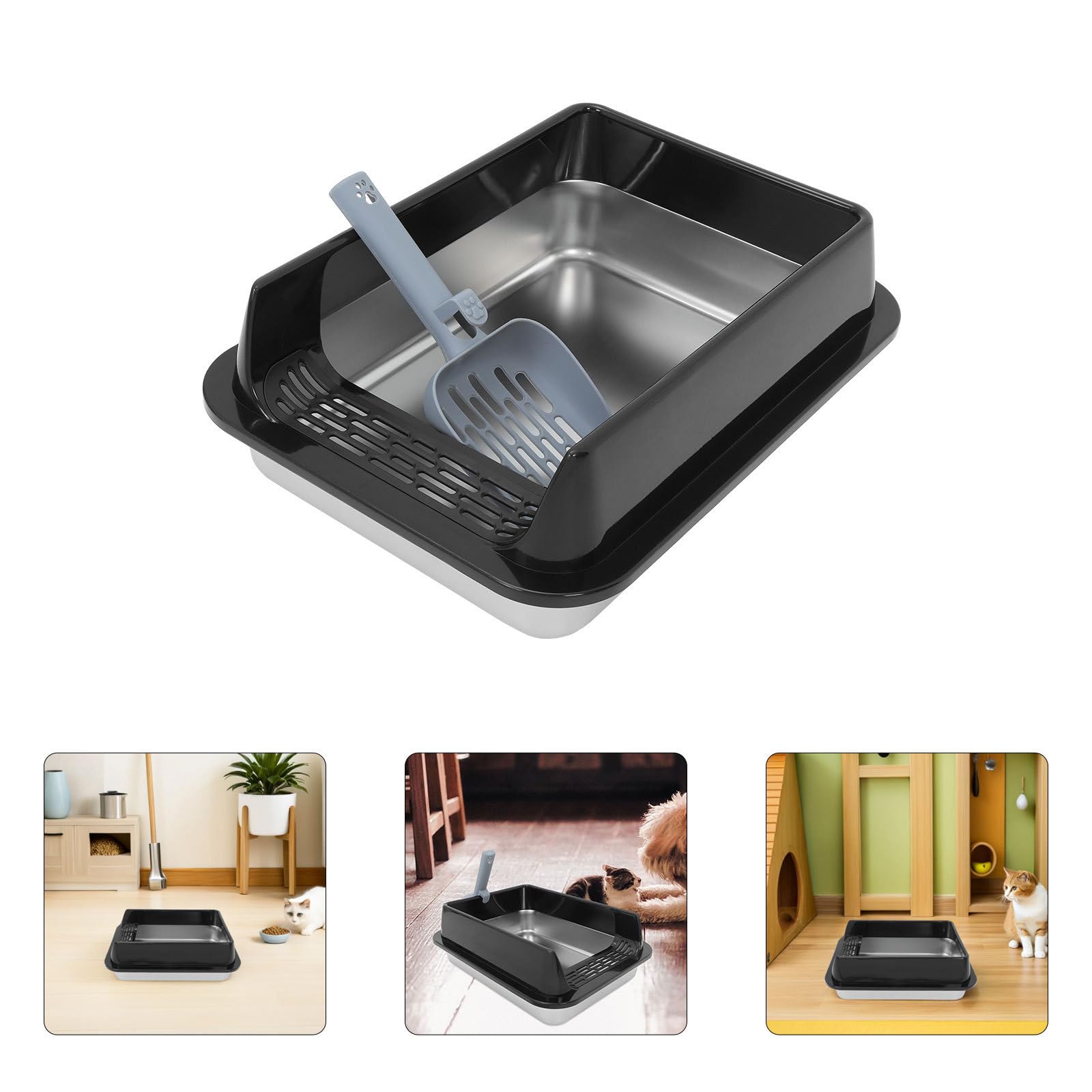 Toddmomy Edelstahl Katzentoilette Schwarz mit Deckel und Schaufel Geschlossene Metalltoilette für Katzen und Kätzchen für Drinnen und Draußen