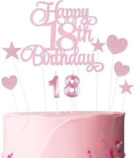 Ainiv Happy 18th Birthday Cake Toppers, Pink Number 18 Candle for Birthday Cake, Happy 18th Cake Decorations for Boys Girls, Pink Star Heart Cake Topper for Party Cupcake Desserts