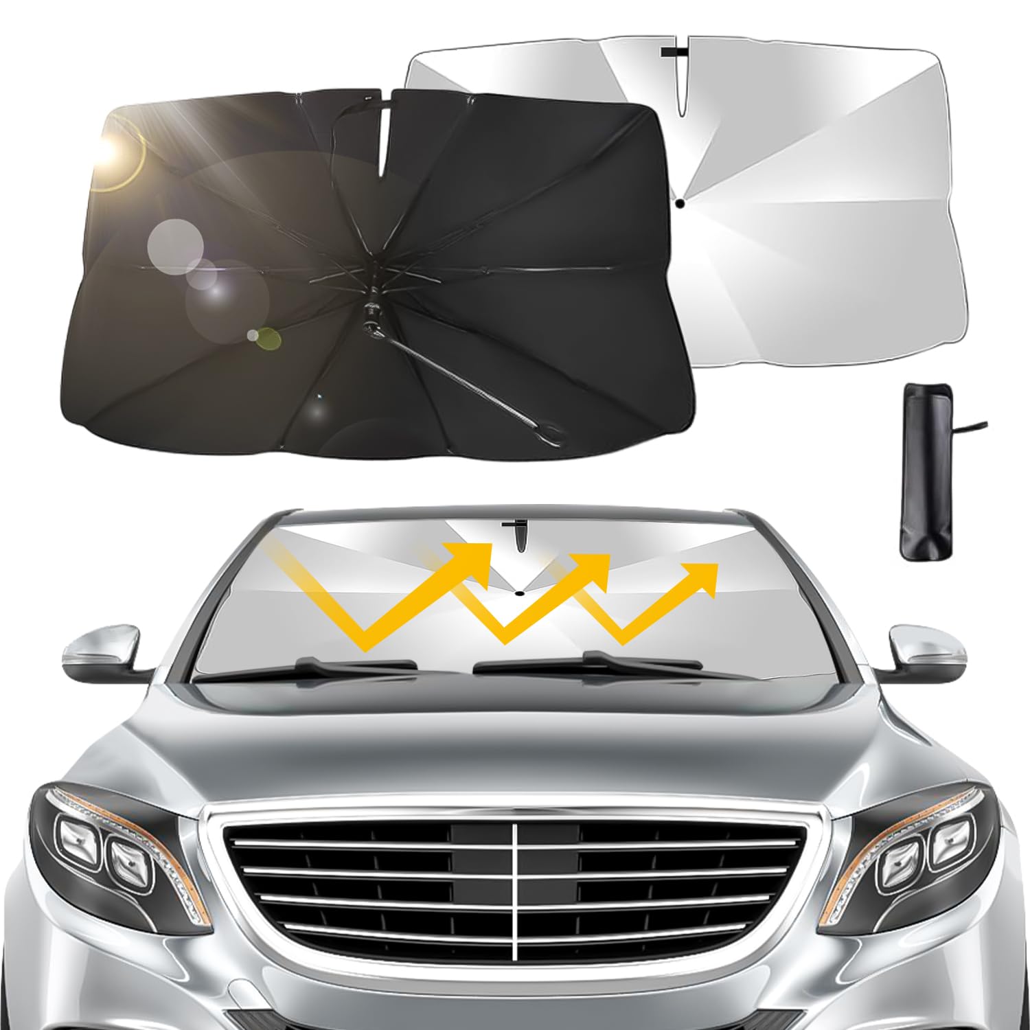 Parasol Paraguas Coche,Parasol Coche Delantero Plegable,Parasol Coche Delantero,Paraguas Parasol Coche para vehículo protección Anti Rayos UV, para mayoría de Coches, SUV, Camiones,136.5 x 76 cm
