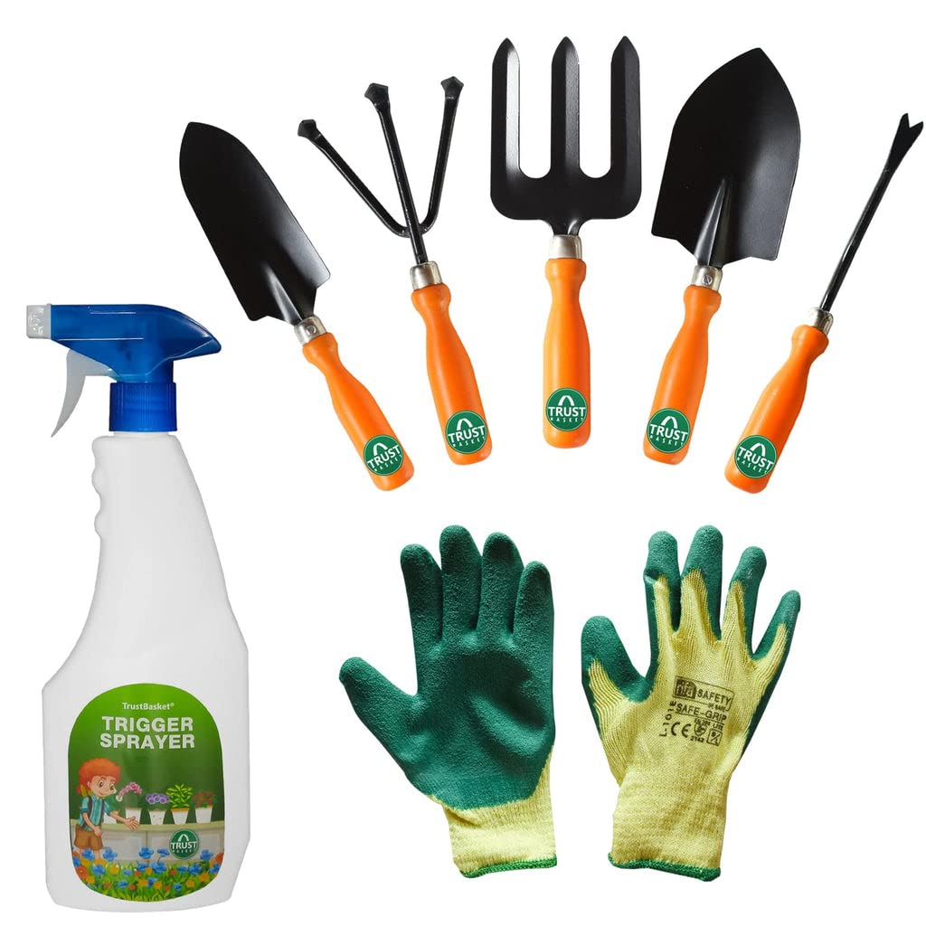 TrustBasket 7 Pcs Durable Mud Finger Multi-Purpose Plant Care/Garden Tool kit for Home Garden | Trowel, Fork, Weeder, Cultivator, Hand Gloves, Trigger Sprayer (B0BQBHJZ2S) Amazon Price History, Amazon Price Tracker