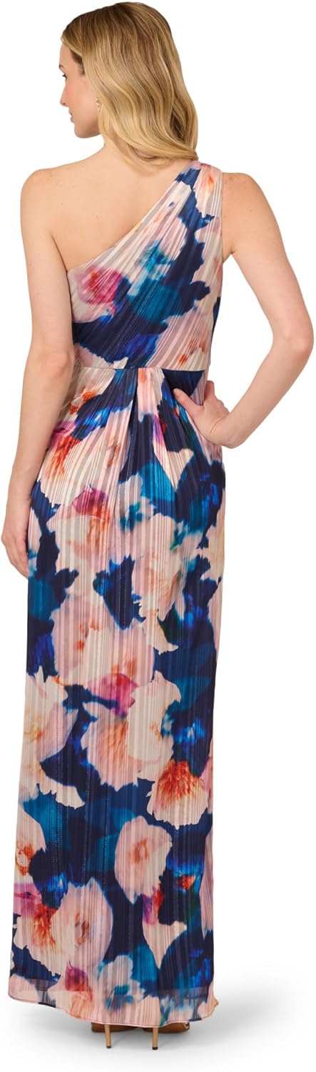 Adrianna Papell Women's One Shoulder Chiffon Gown | Long Evening Gown with Pleated Skirt, Fitted Bodice & Side Leg Slit, Navy/Blush 6 - Image 2