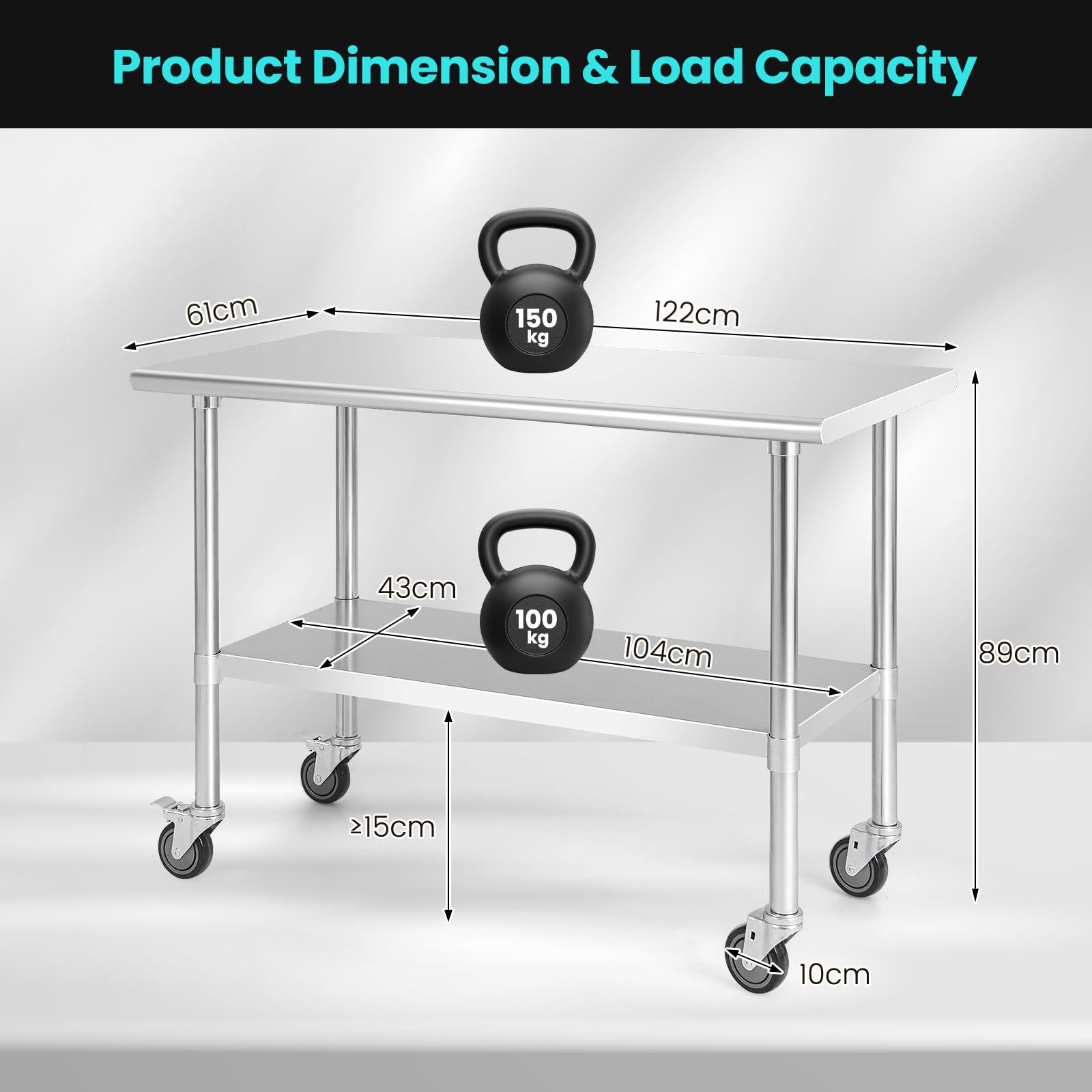 GIANTEX Mesa de Acero Inoxidable con Ruedas Universales, Carrito de Trabajo con Sobremesa Amplia y Estante Inferior Ajustable, Mesa de Preparación de Metal Móvil para Cocina, Restaurante