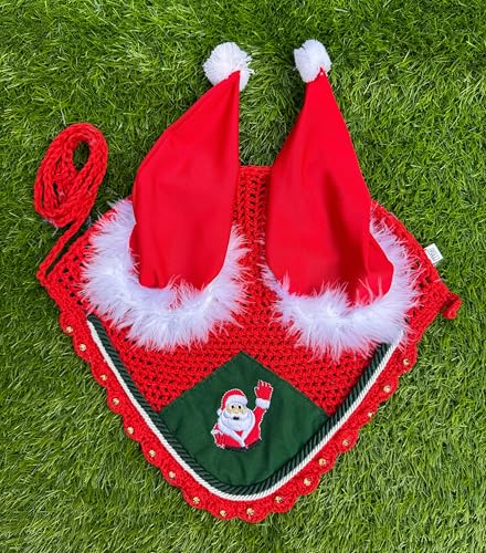 Horse Ear Bonnet Santa Claus Double Hats Fly Hood Ear Net Fly Veil Gift for A Christmas Equestrian Tack Equine (Embroidery, Horse/Full)