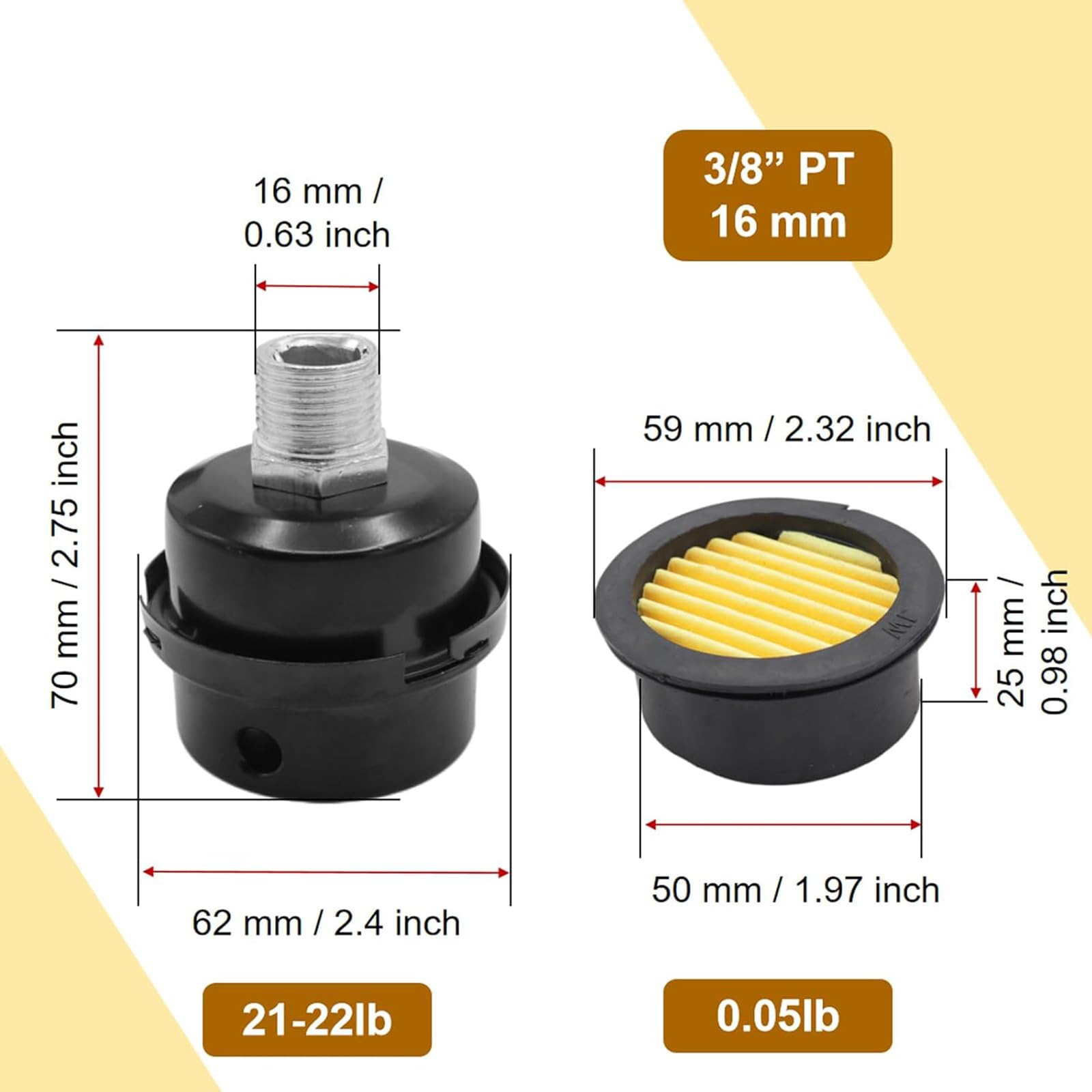 Silenziatore Per Compressore Aria - Filtro Aspirazione 3/8" 16mm, Riduzione Rumore E Protezione Polvere