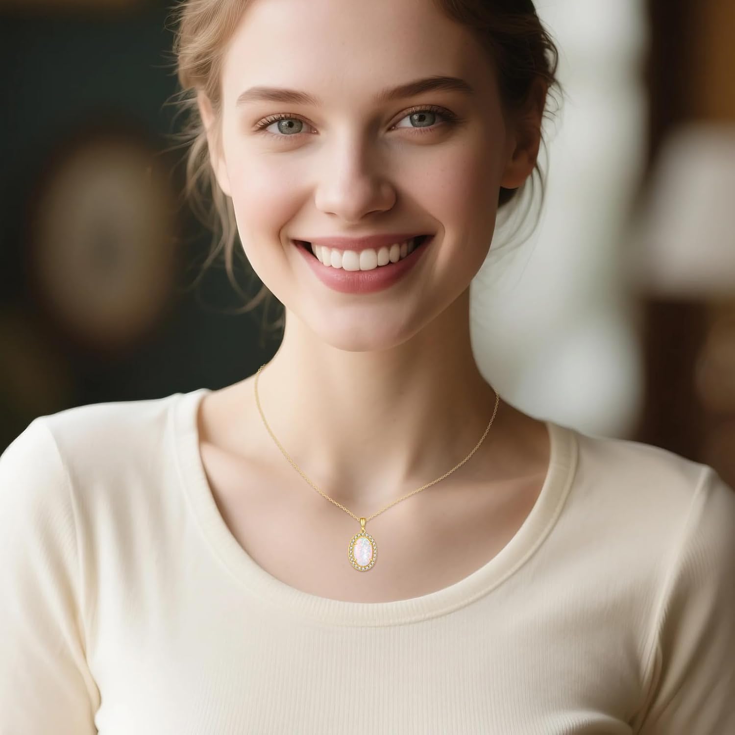 KQF Opal Necklace 14k Solid Gold Cubic Zirconia Necklace Pendant Minimalist Party Jewelry Fashion Gifts For Women - Image 5