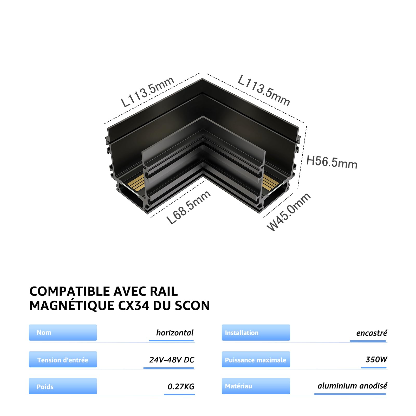 SCON 4-Fils Connecteur d'Angle Noir Horizontal pour Système d'Éclairage sur Rail Magnétique Encastré, Accessoire en Aluminium Anodisé, Alimentation Fixe pour Lampes LED