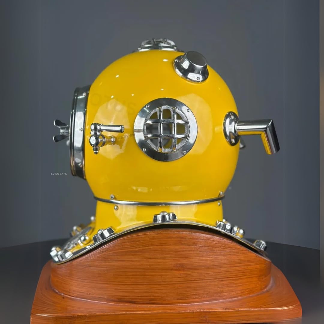 1921 Anchor Engineering Vintage Diving Helmet, Yellow Nautical Decor with Wooden Base, Decorative Marine Collectible