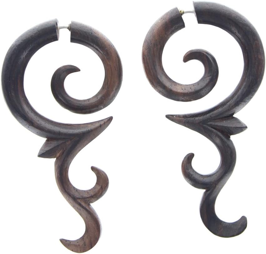 Fake Gauge Earrings , Tribal Style Brown Sono Wood