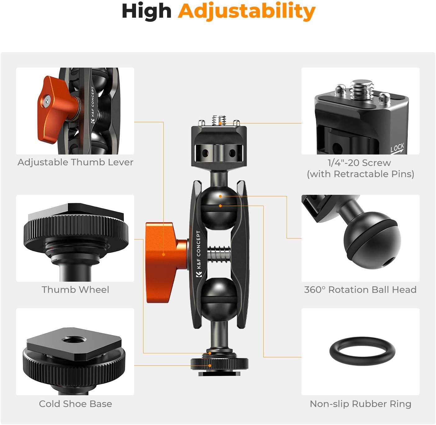 K&F CONCEPT Magic Arm, Multi-Function Double Ball Head with Cold Shoe Mount 1/4" Screw for Super Clamp, Monitor, LED Light