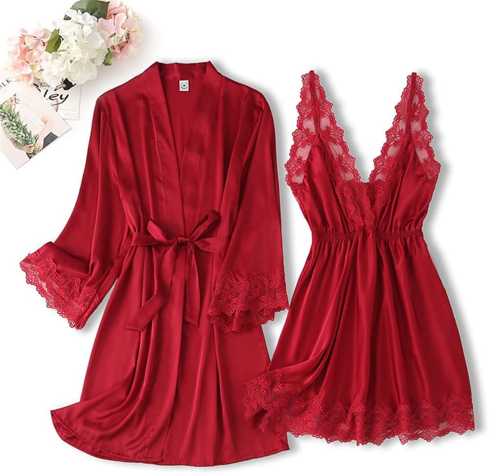 Haitpant Summer Women 2Pcs Rayon Kimono Bathrobe Robe Set Lace Floral Sexy Bride Dress Gown Sling Nightgown Sleepwear Lounge