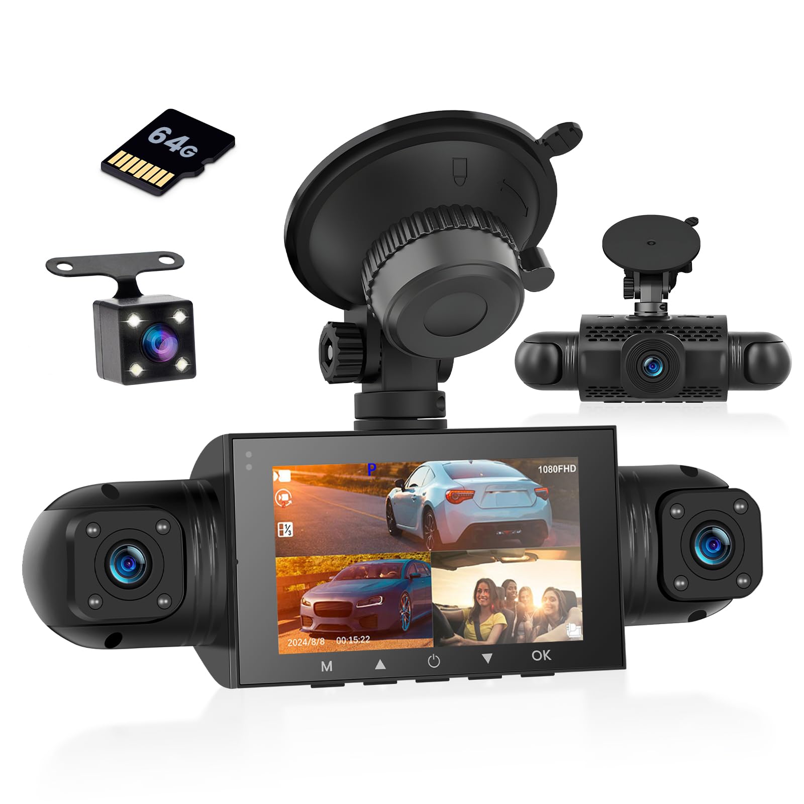 Hikity DVR 1080P Kamera samochodowa dla radia Android, wodoodporna, mini 3-calowa kamera samochodowa, rejestrator, noktowizja, nagrywanie pętlowe z G-sensorem, szeroki kąt 360°, z kartą TF 64GB