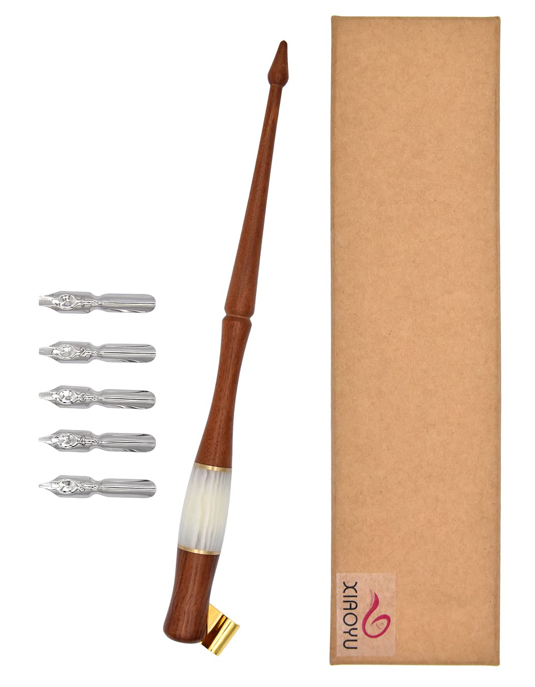 XIAOYU Oblique Wooden Pen Set, Calligraphy Set for Beginners, 5 Calligraphy Dip Pen Nibs, Brown