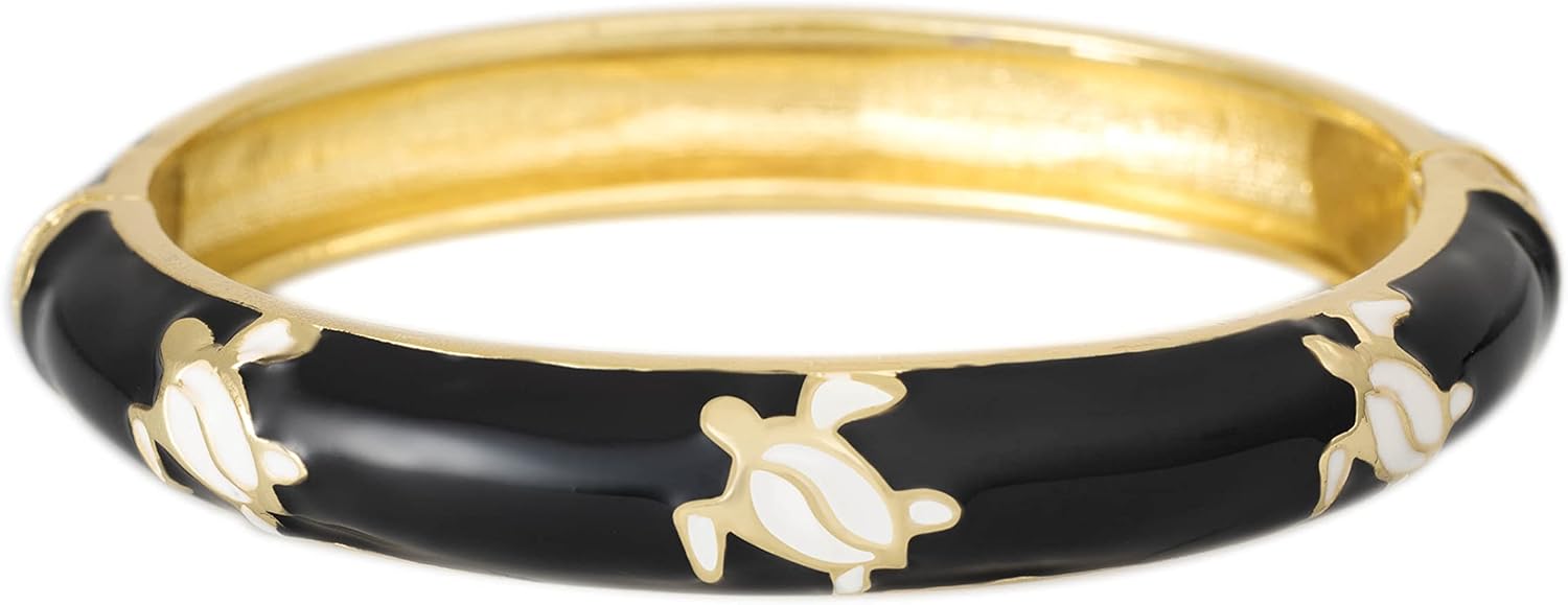 Aloha Jewelry Company Hawaiian Turtle Hinged Clasp Fashion Enamel Bangle Bracelet (Black)