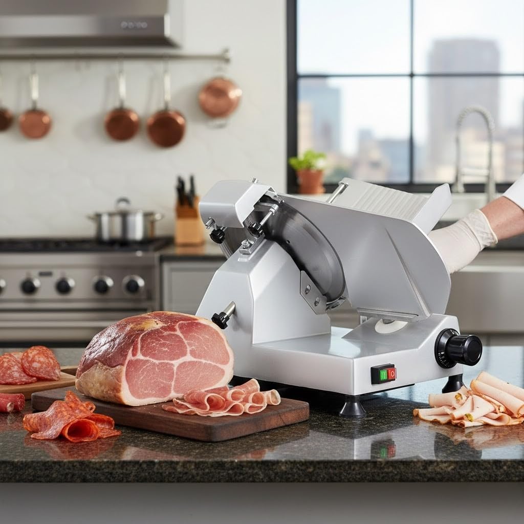 Cortafiambres Profesional Eléctrico 300 mm, Cortadora de Fiambres y Jamón, 250 W, Aluminio y Acero Inoxidable, Afilador Integrado, Espesor Ajustable 0–18 mm, Uso Profesional (Gris)