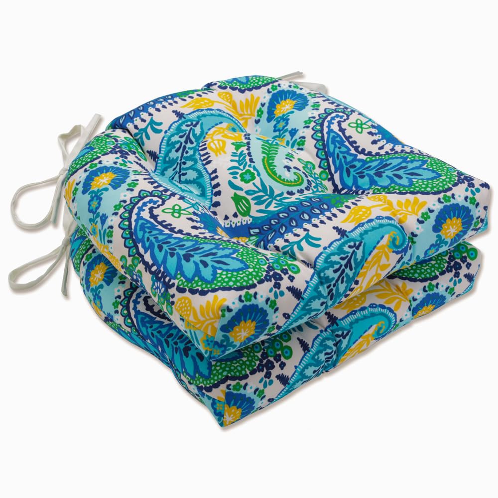 Pillow Perfect Paisley Indoor/Outdoor Chairpad with Ties, Reversible, Tufted, Weather, and Fade Resistant, 15.5" x 16", Blue/Green Amalia, 2 Count